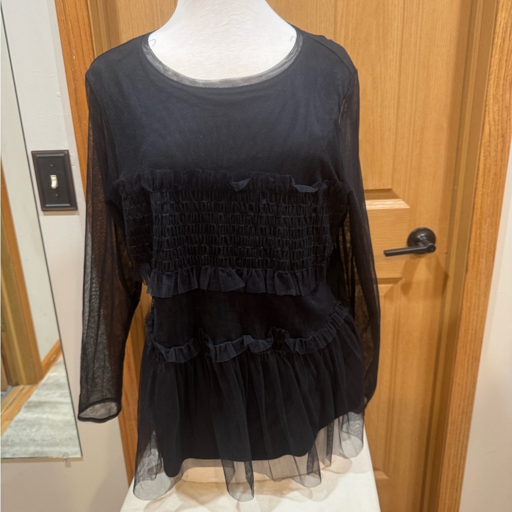 Simply Vera Vera Wang Black Sheer Ruffle Smocked Long Sleeve Blouse